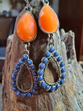 Vintage Orange and Blue Teardrop Dangle Earrings